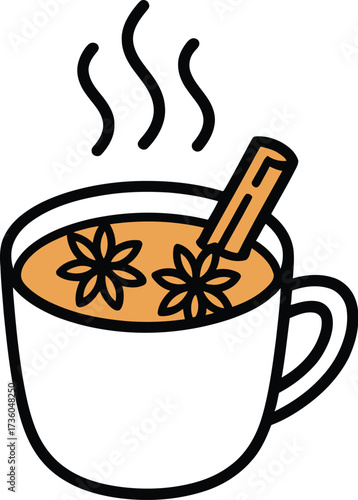 Hot spiced cider drink with cinnamon stick and star anise vector illustration