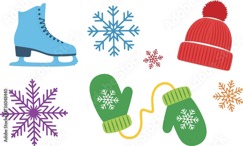 Winter season clip art with snowflakes ice skate hat and mittens