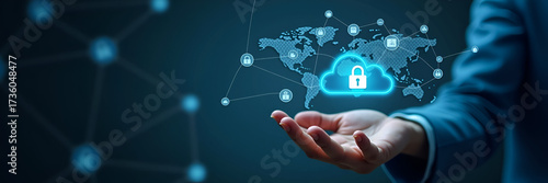 Hand interacting with holographic API interface displaying application programming cloud computing global network security icons symbolizing integration development in empty space concept as Hand uses