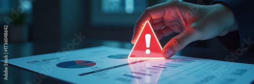 A hand hovering over a holographic warning triangle alongside a risk analysis report, designed with negative space to effectively highlight risk alerts and their importance in decision-making.