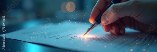 A holographic signature being applied to a digital document demonstrates the concept of digital signatures. The composition maximizes copy space while creating a clean, professional appearance.