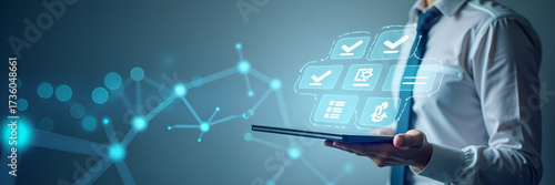 Floating digital contracts showcase various approval and rejection options in a clean layout, balanced by negative space that enhances the modern feel.