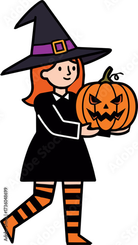 Cute Witch Character Walking and Holding Jack-o'-Lantern with Striped Stockings