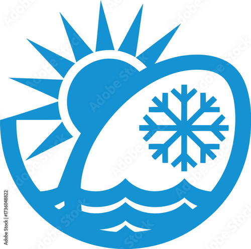 Air conditioning and heating logo design sun snowflake water waves blue icon