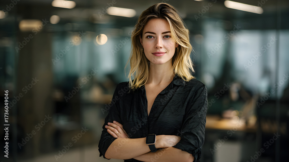 Fototapeta premium Confident woman with blonde hair standing in modern office environment, showcasing professional demeanor