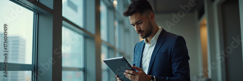 Busy young Latin business man manager using tablet computer serious hispanic businessman executive looking at tab device analyzing finance trading market data working standing in office. concept as Bu