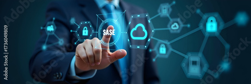 Businessman interacts with SASE icons on digital interface representing secure access service edge technology cloud security network management and cybersecurity solutions. concept as Businessman inte