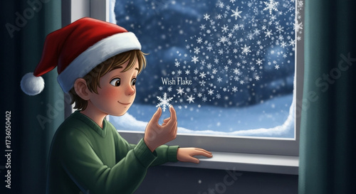 A young boy in a santa hat looks at a snowflake by the window, capturing the magic and wonder of a snowy christmas night