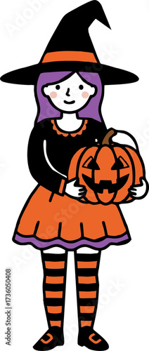 Woman Witch Character Holding Jack-o'-Lantern with Orange Skirt and Striped Stockings