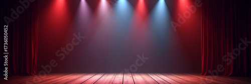 A theater stage lit with dramatic lights creates an engaging entertainment background, offering generous copy space for promotional content or messages.
