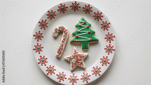 Festive cookies on snowflake-trimmed plate as bright white surface highlights crisp sprinkles