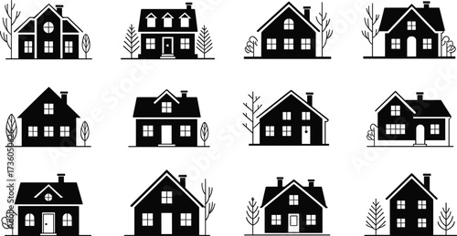 Black Silhouette Set of Traditional House Icons, Residential Home Architecture Collection with Trees, Vector Illustration for Real Estate and Property Design