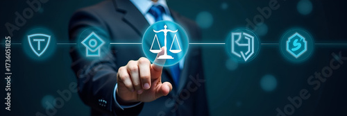 Man touches holographic icons of justice AI copyright and regulations on digital interface symbolizing intersection of law and artificial intelligence in empty space concept as Man touches holographic