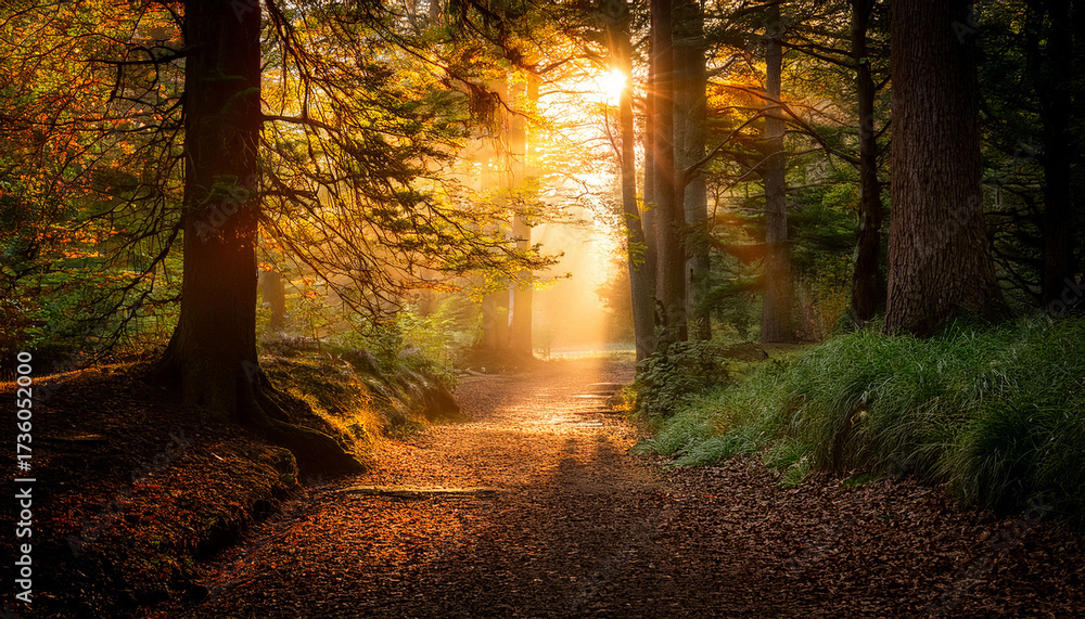 Fototapeta premium A Mystical Forest Path Illuminated By Warm Golden Sunlight Creating A Serene Atmosphere And Tranquility