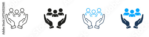 Hands Holding People Line And Solid Icon Set. Community Support, Care, And Protection Symbol Collection. Human Resource Management And Social Responsibility. Isolated Vector Illustration