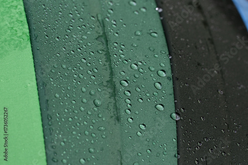Verdant green surface, abundantly covered with many refreshing water droplets. Macro photography captures intricate wet texture after gentle rain, highlighting fresh details and evoking peaceful