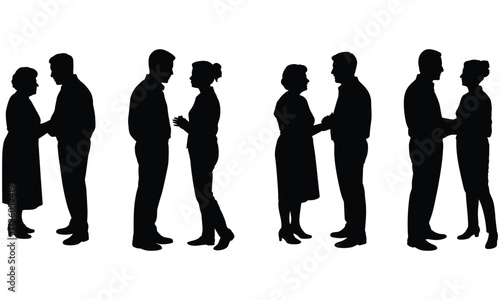 Silhouettes of four couples holding hands and facing each other on a white background Keywords: silhouette, couple, holding hands, man, woman, relationship, love, romantic, interaction, standing