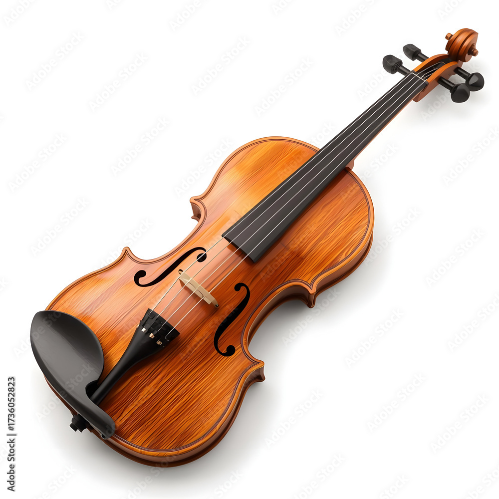 Fototapeta premium Violin on white background with classical wooden instrument and bow