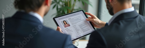 Close up over shoulder view of professional male HR manager checking digital cv resume of female seeker on tablet during interview meeting process. Company recruitment human resources and hiring. conc