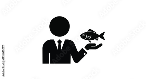 Businessman Holding a Fish Silhouette Seafood Industry, Product Quality, or Conservation Icon