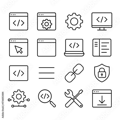 Software development and coding icon set. Outline symbols. Line design