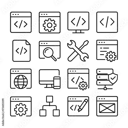 Professional web developer tools icons. Outline symbols. Line design