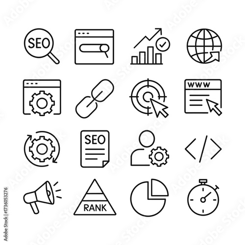 Search engine optimization pictograms. Outline symbols. Line design