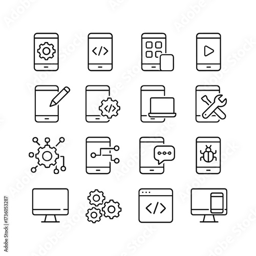 Mobile app development vector icons. Outline symbols. Line design