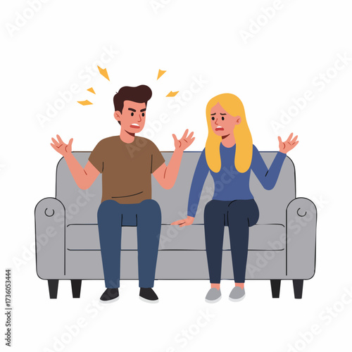 Flat Style Stressed Couple Arguing on Sofa Living Room Illustration
