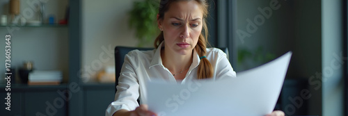 A worried mature business woman reading distressing news from a document at her desk. She appears tired and stressed, reflecting the challenges of a busy modern work life. The backdrop allows for an e