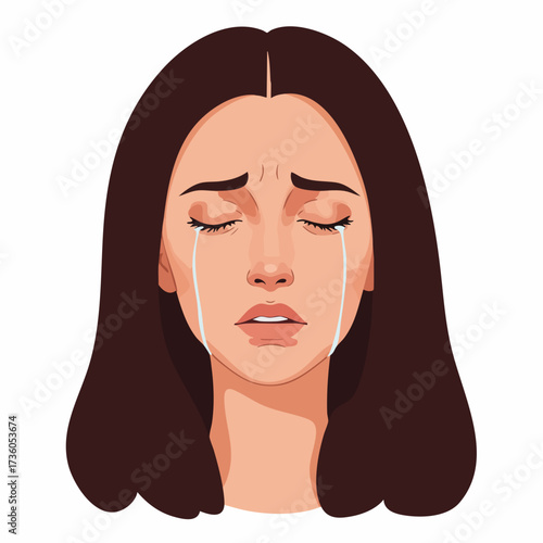 Simple Cartoon Crying Girl with Tears Emotion Expression Illustration
