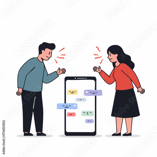 Flat Illustration Arguing Couple Dispute over Smartphone Mobile Communication