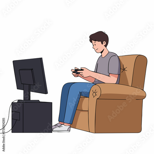 Simple Cartoon Style Man Playing Game on Computer While Sitting