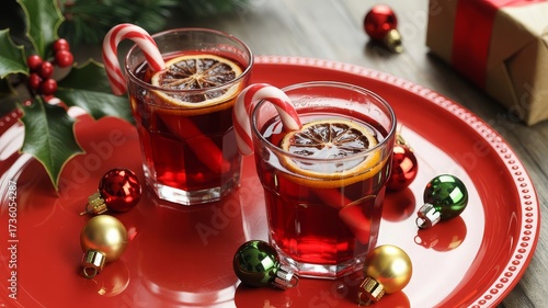 Vibrant holiday cocktail scene with ruby-red drinks garnished by candy canes and citrus