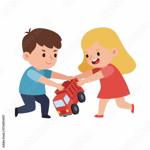 Cute Cartoon Little Boy and Girl Fighting Over a Toy Car Illustration