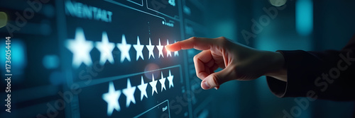 A futuristic holographic interface prominently showcases hand interaction as star ratings are submitted, arranged with ample negative space to emphasize the action and technology.