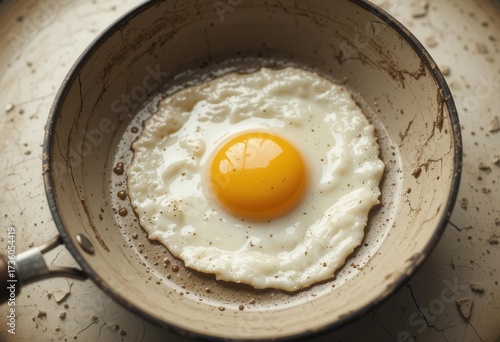 Nostalgic and Atmospheric Image of a Fried Egg in a Vintage Style Enamel Pan in Sepia Tones