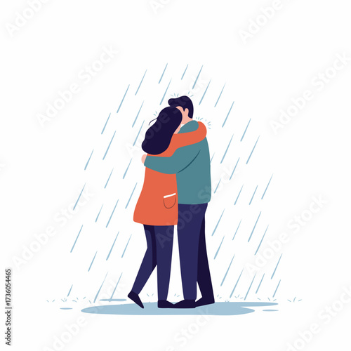 Flat Illustration Couple Embracing in the Rain Tender Moment Artwork