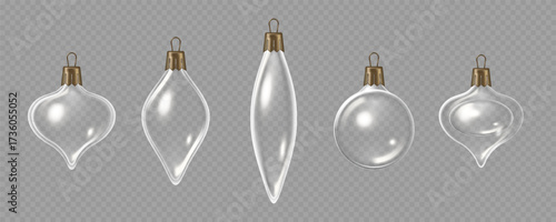 Christmas Transparent Glass Ornaments, empty inside. Realistic Vector illustration in 3D style