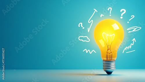 Bright yellow light bulb on blue background with doodle icons symbolizing creativity, innovation and energy