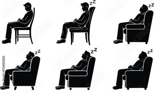 Sleeping posture silhouette, person falling asleep in chair, sleep stages, relaxation, fatigue, pixelated fade, black vector icons, digital concept