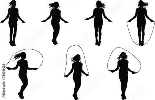 Jump rope silhouette, female fitness motion, cardio workout illustration, exercise rhythm concept, gym training posture, health and wellness design, black figure art