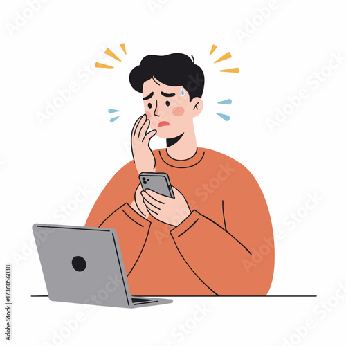 Cartoon Upset Man with Toothache Holding Phone Looking for Doctor Illustration