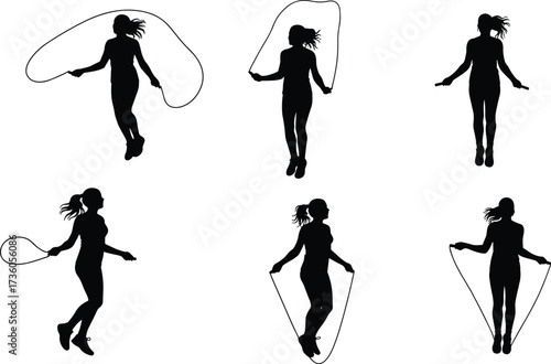 Jump rope silhouette, female fitness movement, cardio exercise illustration, athletic training posture, workout rhythm concept, health and wellness design, black figure sequence