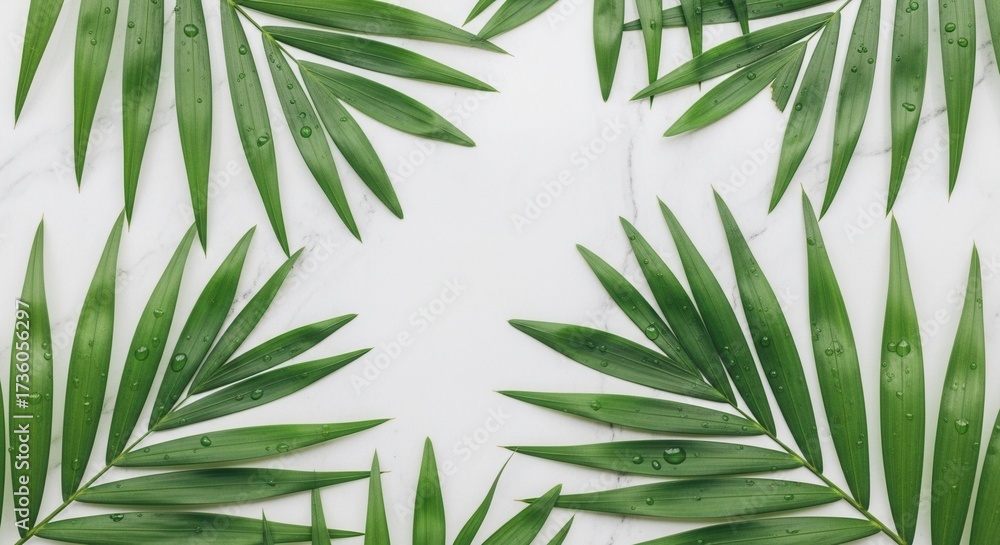 Obraz premium Fresh green tropical leaves with water drops on a white marble background