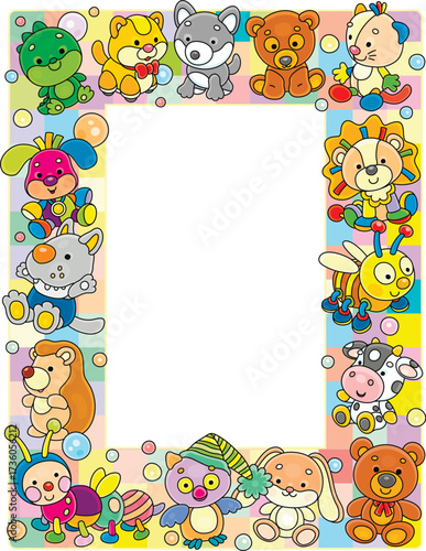 Holiday frame border with colorful cute toy baby animals for little boys and girls, vector cartoon illustration on a white background
