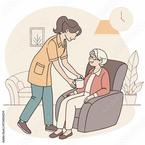 Caregiving Outline Icon Vector, Minimal Line Art Symbol for Health and Elderly Support