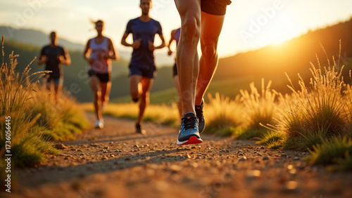close up legs runner group running on mountain trail. Sports activities in group. Friend running on a mountain track. Detailed view. Sports activity to keep good shape.