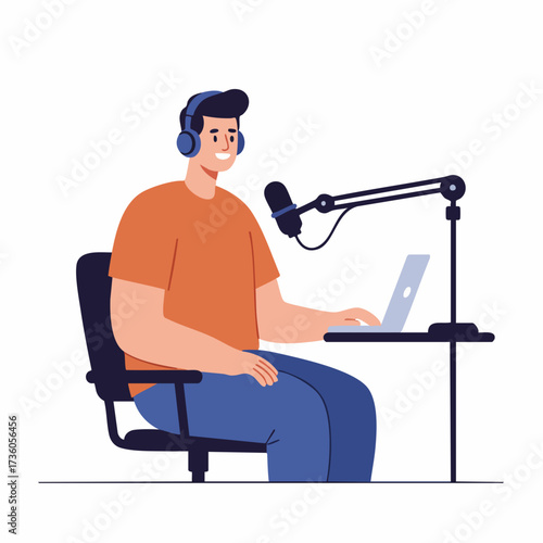 Flat Illustration Man Recording Podcast with Microphone and Laptop Illustration