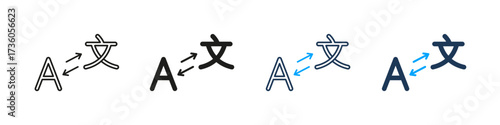 Language Conversion Line And Solid Icon Set. Alphabet And Foreign Character Symbol Collection For Bilingual Translation, Text Substitution, And Linguistic Change. Isolated Vector Illustration